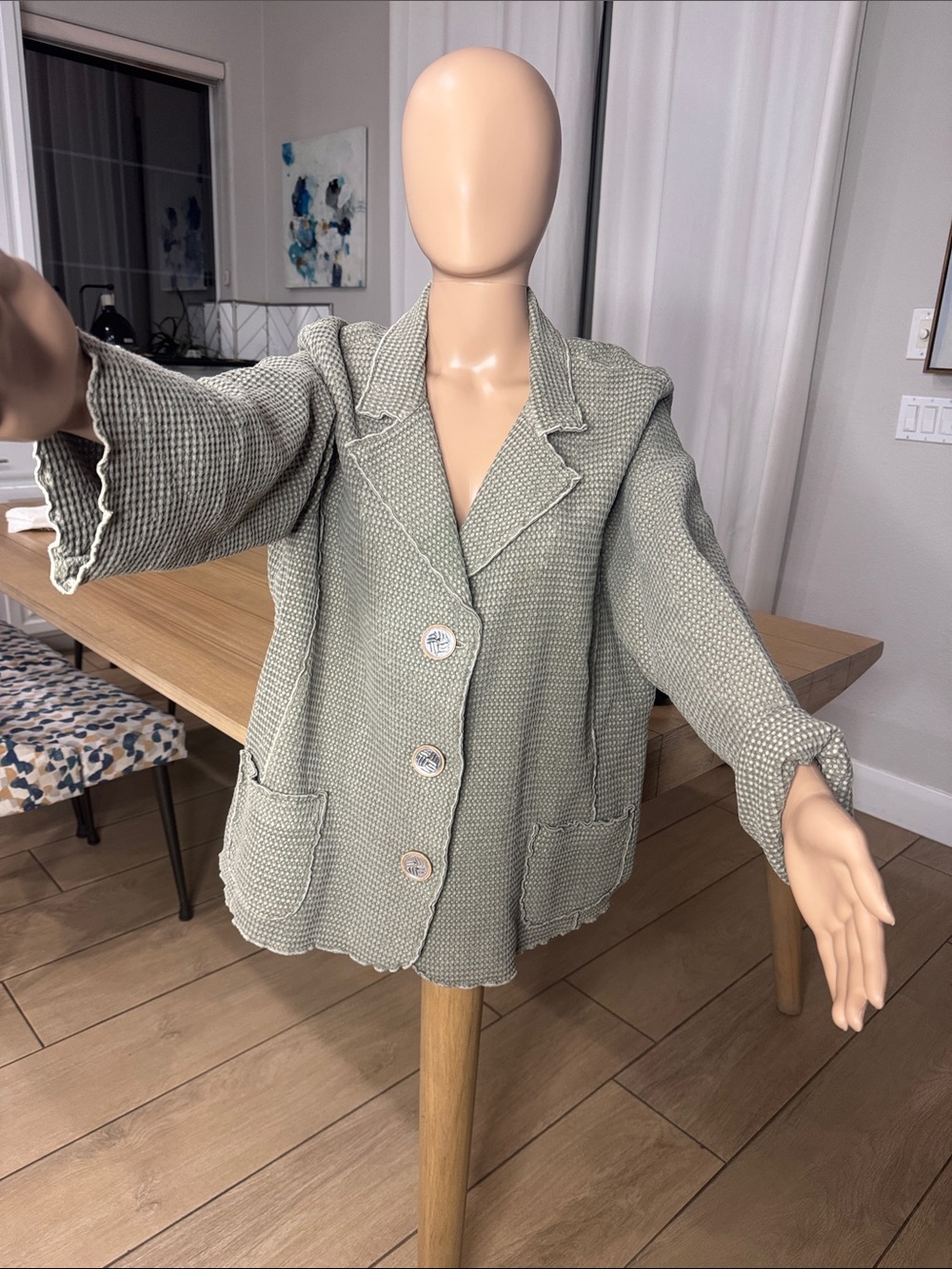Focus Casual Life 100% Cotton Waffle Knit Lagenlook Blazer Jacket XL Sage Green